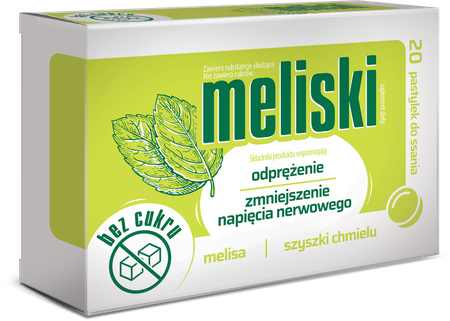 MELISKI 20 Sugar-Free Lozenges. A blend of natural lemon balm (Melissa officinalis) and hop (Humulus lupulus) extracts.