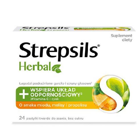 Strepsils Herbal Honey Lemon Balm and Propolis Flavor Sugar Free 24 lozenges